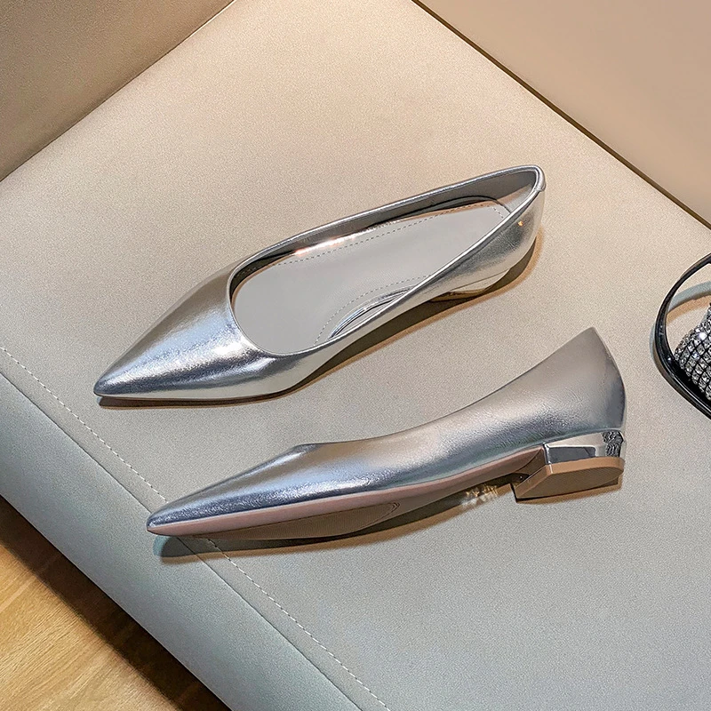 粗跟高跟鞋女2025年银色尖头新款浅口气质复古通勤低跟单鞋不累脚