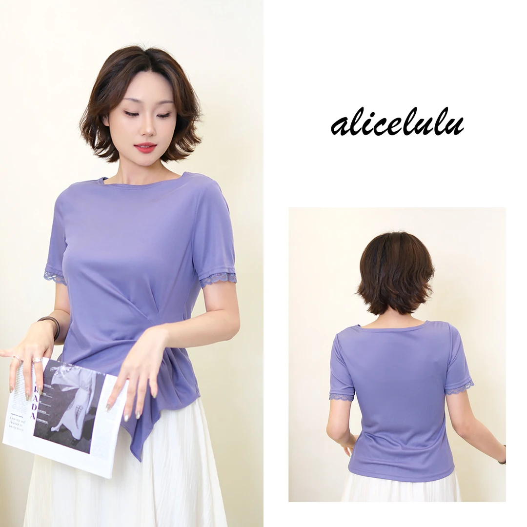 2alicelulu亲肤细腻一字领短袖T恤蕾丝拼接收腰百搭S2142991L