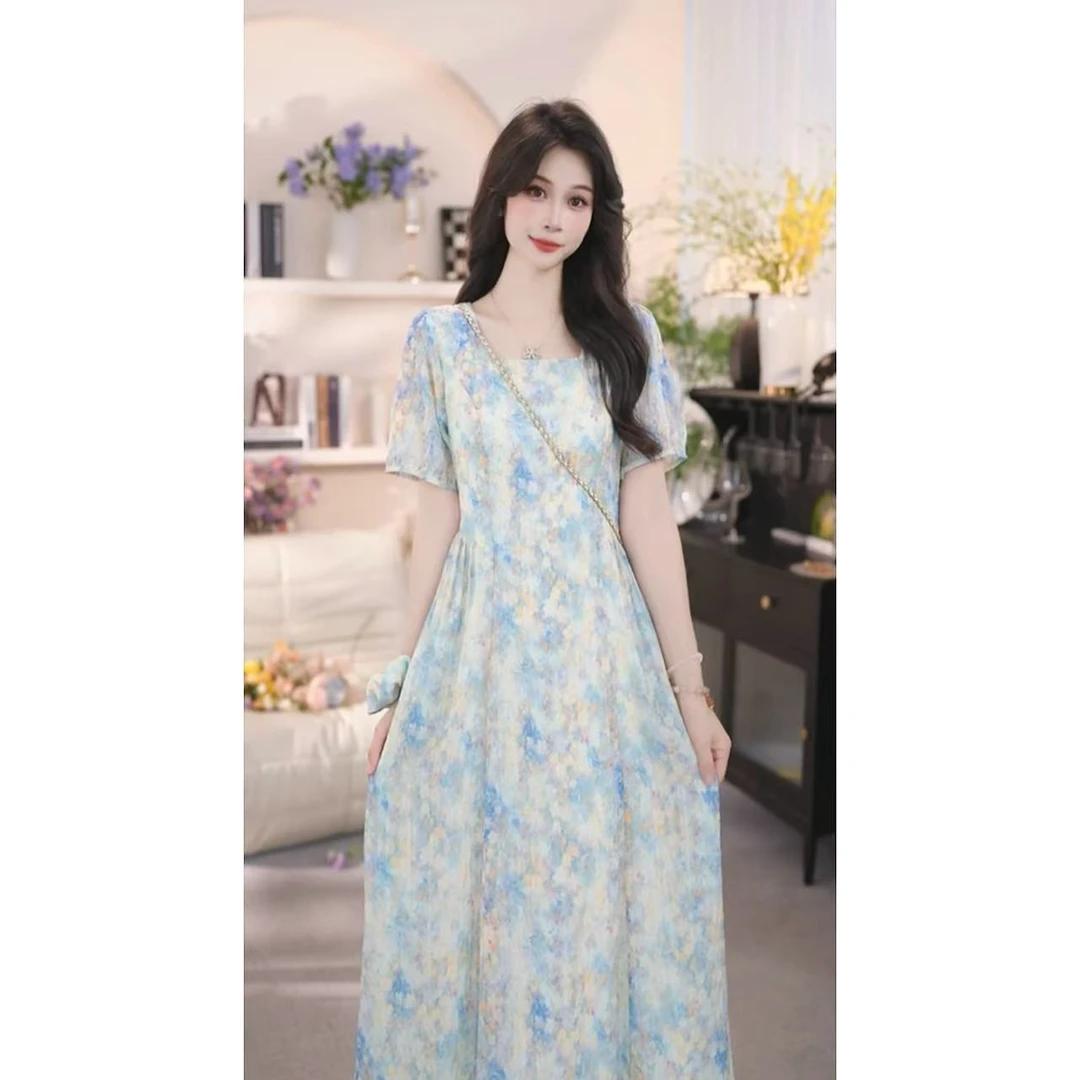 【有口袋】盛夏蓝色油画夏季碎花方领收腰显瘦女连衣裙时尚气质1517
