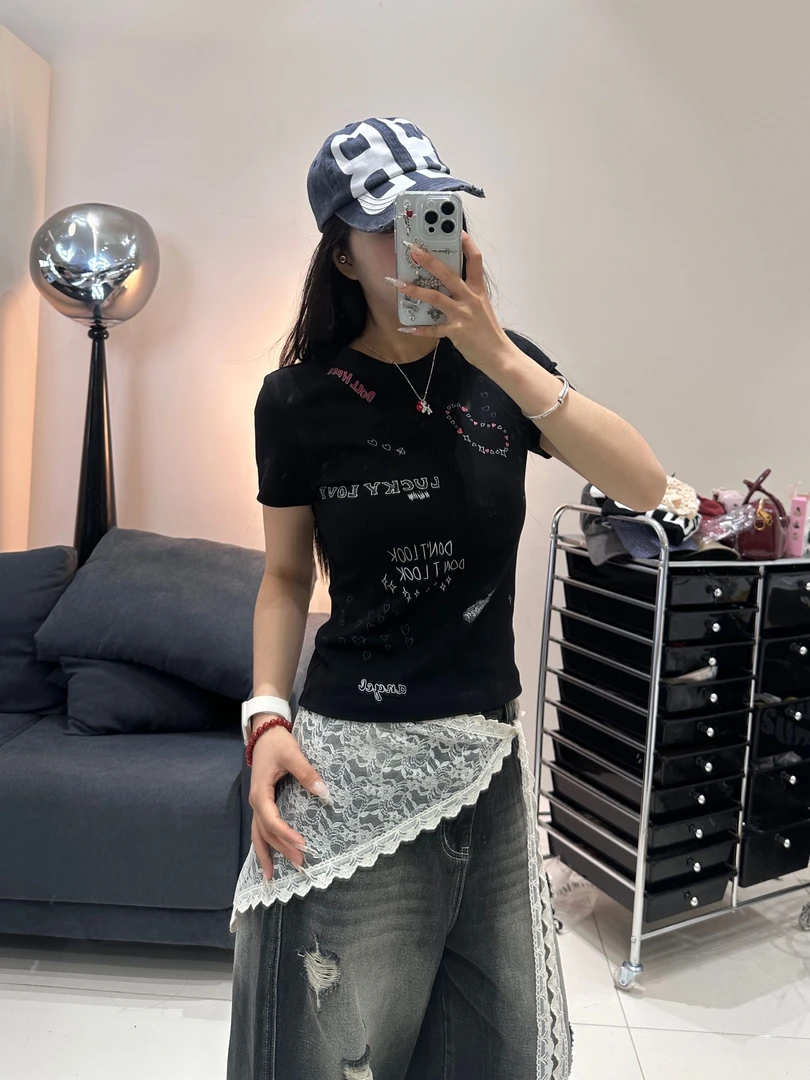 恩恩自制【可爱印花】夏季新款美式街头风圆领短款印花ins上衣