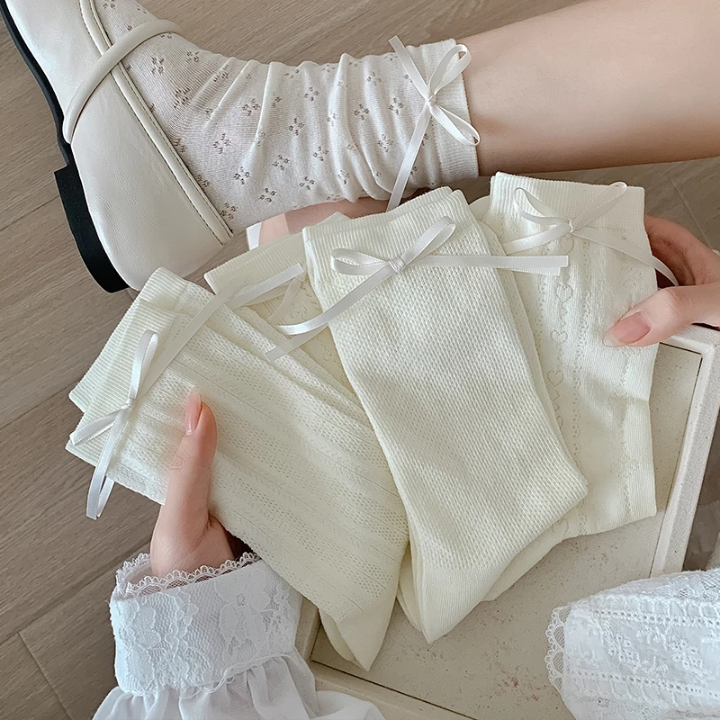 【5双装】春夏薄款白色系暗纹丝带袜子蝴蝶结网眼中筒袜透气堆堆袜.