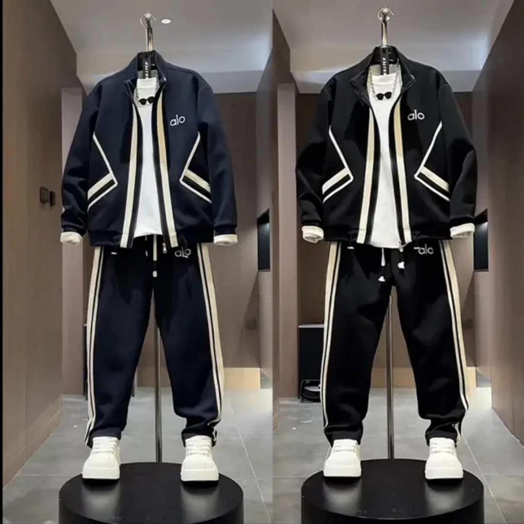 秋季男新款轻奢字母撞色条纹设计感空气层立领夹克休闲裤时尚套装