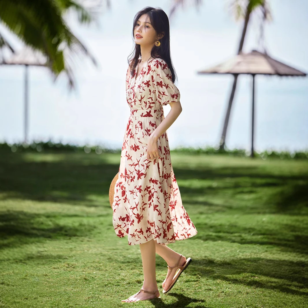 xlfs5850法式V领短袖茶歇裙女夏季优雅气质收腰显瘦碎花连衣裙