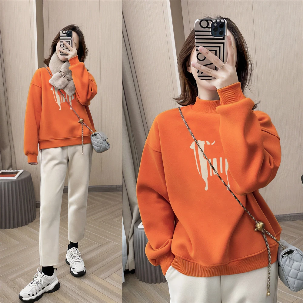 落日橘小鹿卫衣女冬季2025年新款爆款时尚洋气加绒加厚半高领上衣