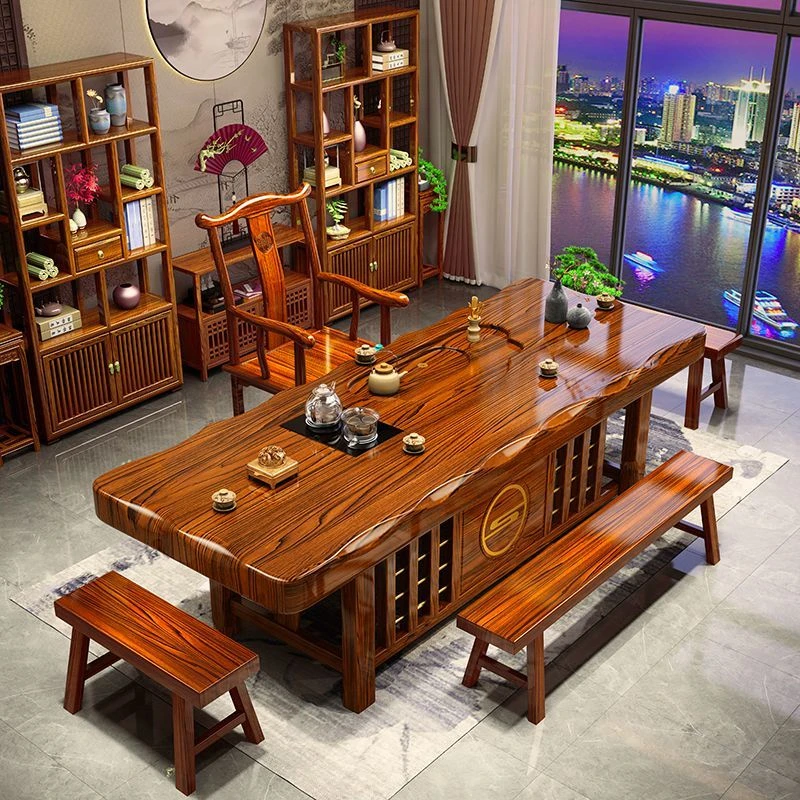大板实木原木茶桌椅组合一桌五椅新中式茶几办公室家用泡茶台一体