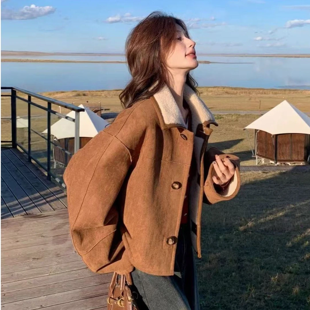 双面穿仿鹿皮绒上衣女秋冬2025新款小个子春秋季百搭仿羊羔毛外套