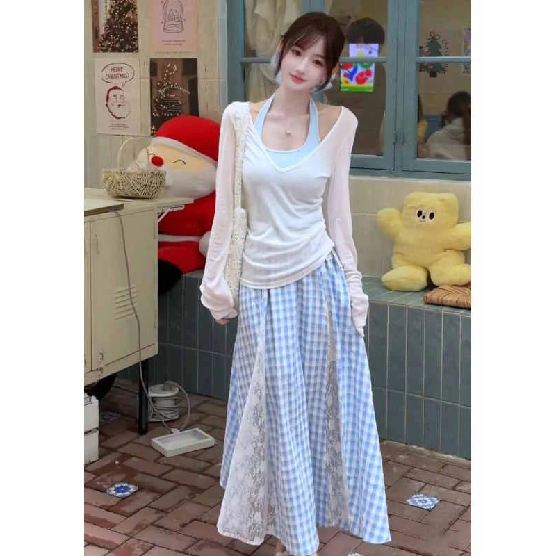高个子夏日绝美罩衫挂脖背心蕾丝蓝色格子半身裙三件套韩系穿搭女