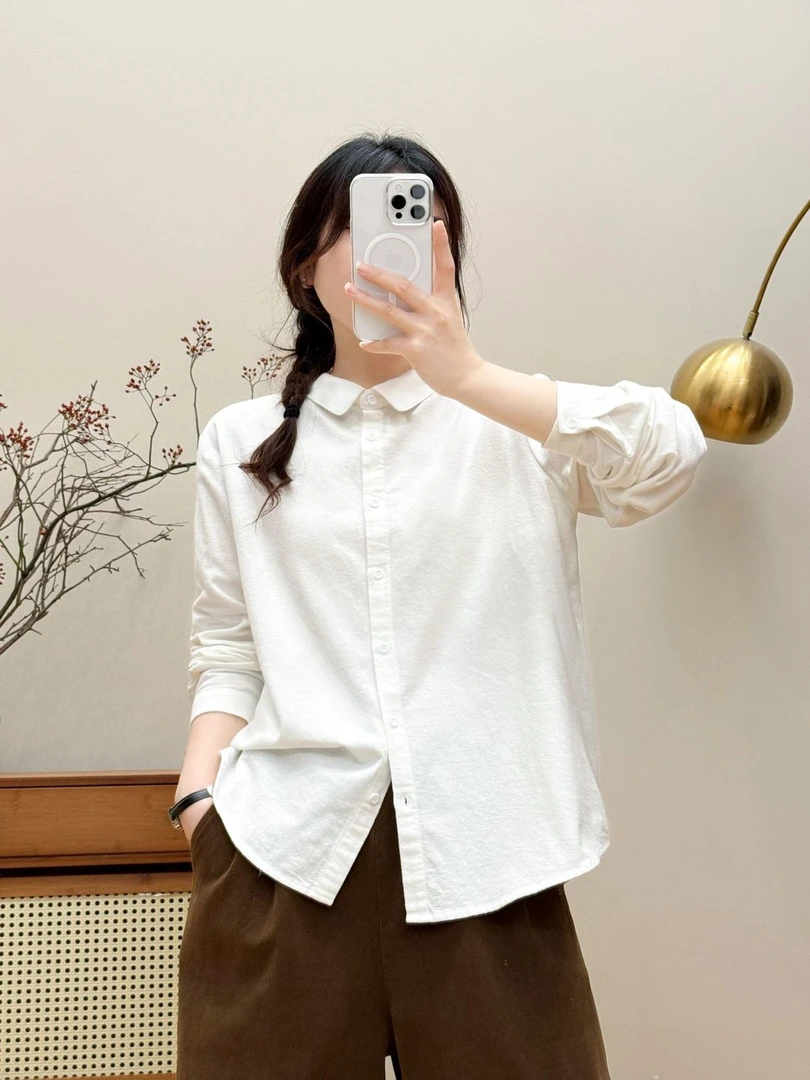 9868韩版娃娃领基础简约衬衣纯棉百搭宽松显瘦挺括叠穿打底衬衫女