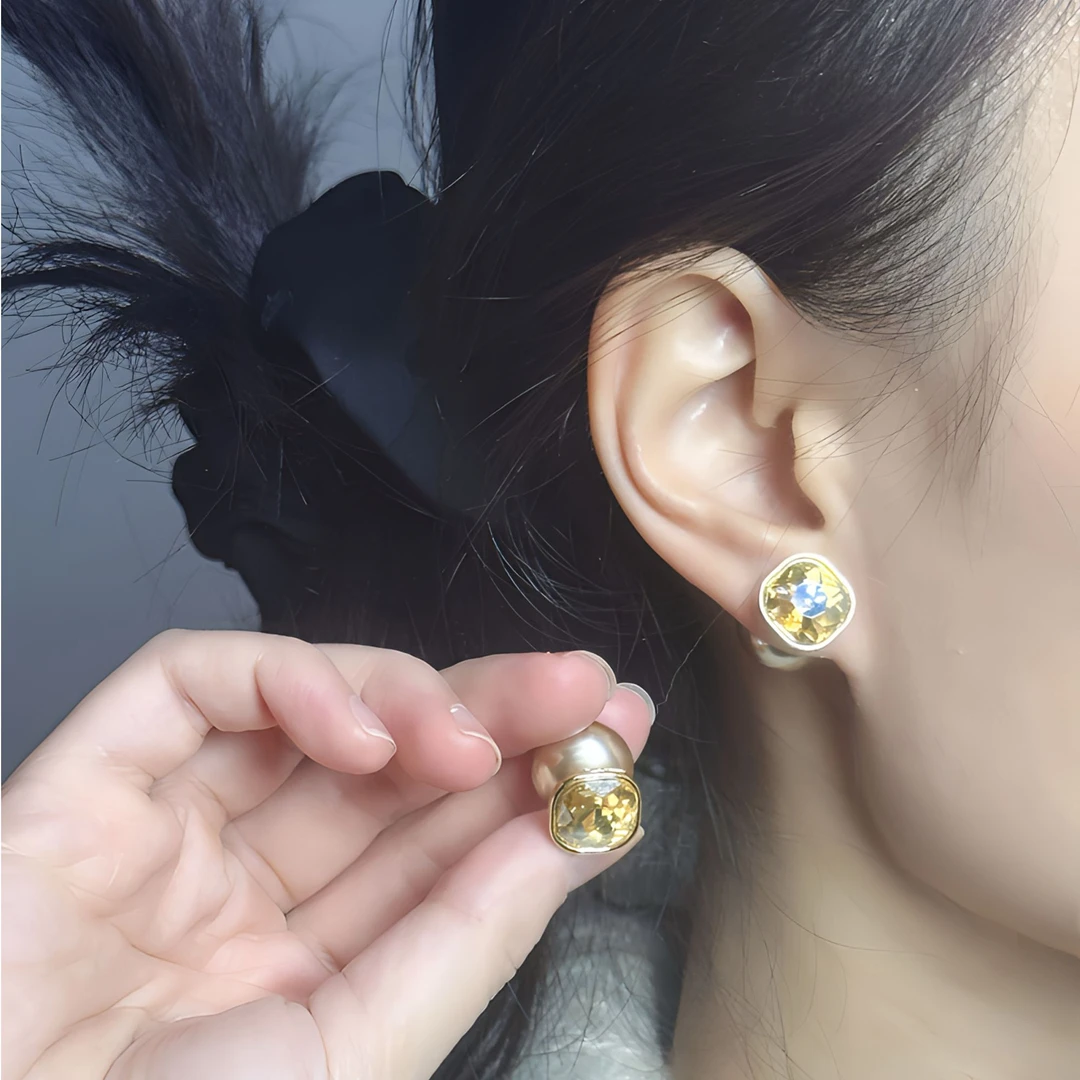 锌合金仿水晶耳饰 初霁118复古茶色方糖水晶珍珠耳钉