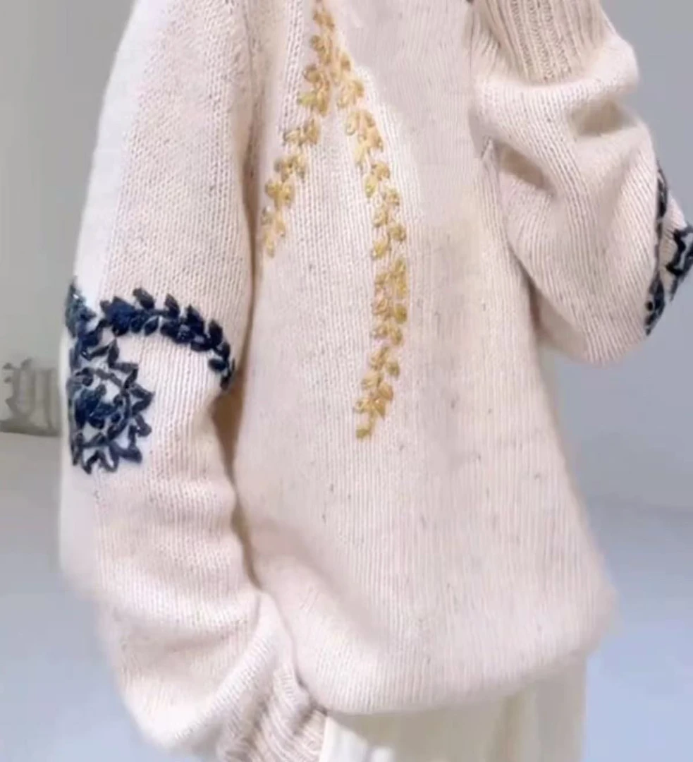 花式纱线纯手工手绣刺绣钩花针织衫 毛衣8457