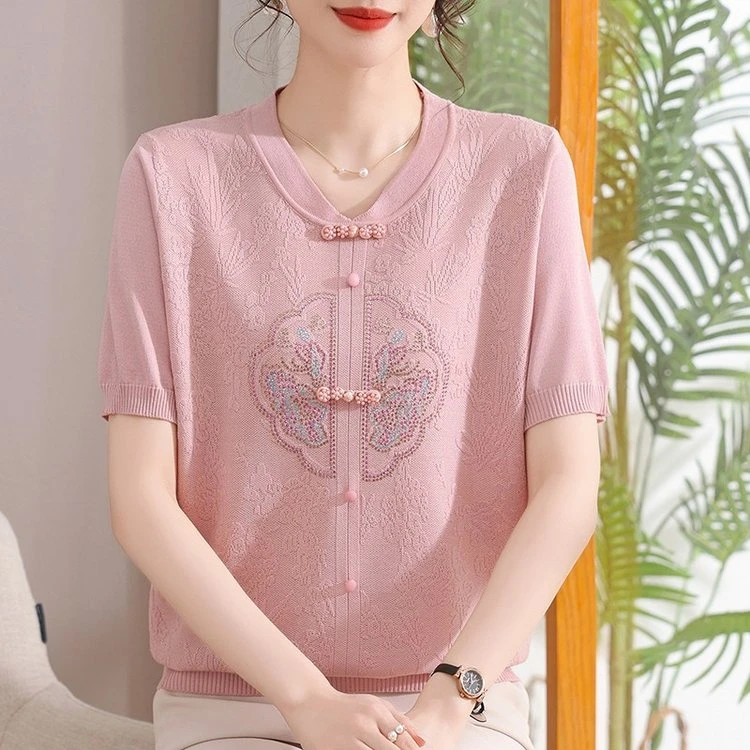 妈妈夏装针织短袖上衣2025新款中老年女装遮肉显瘦洋气T恤两件套