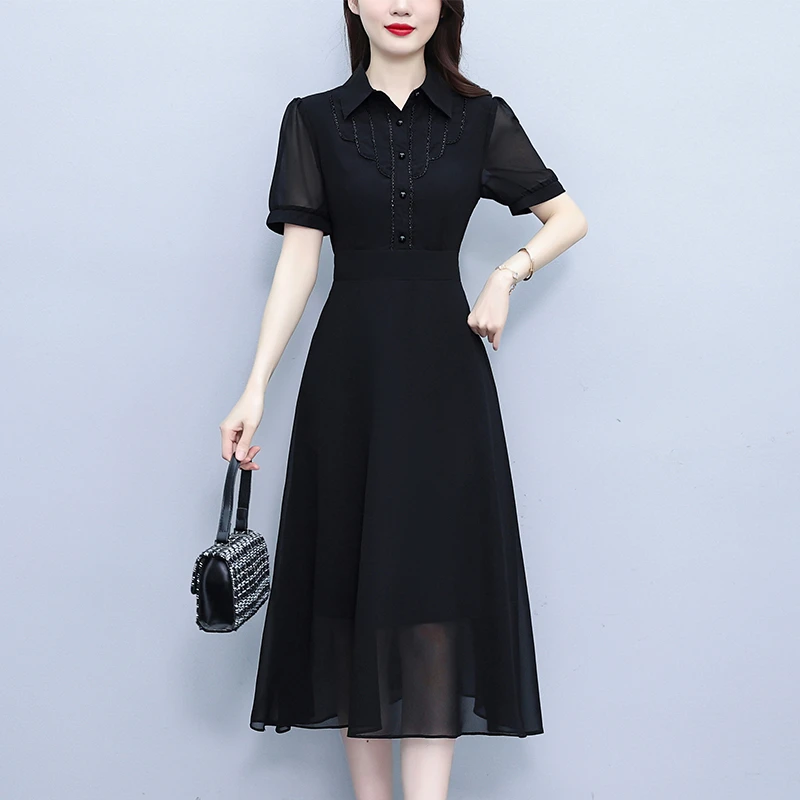 2025夏季翻领收腰褶皱时尚气质显瘦连衣裙优雅复古高级感大码女装