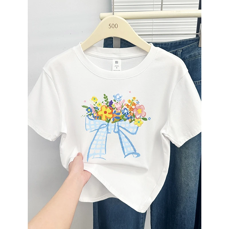 正肩短袖T恤女2025时尚花卉印花夏季新款大码圆领正肩半袖上衣服