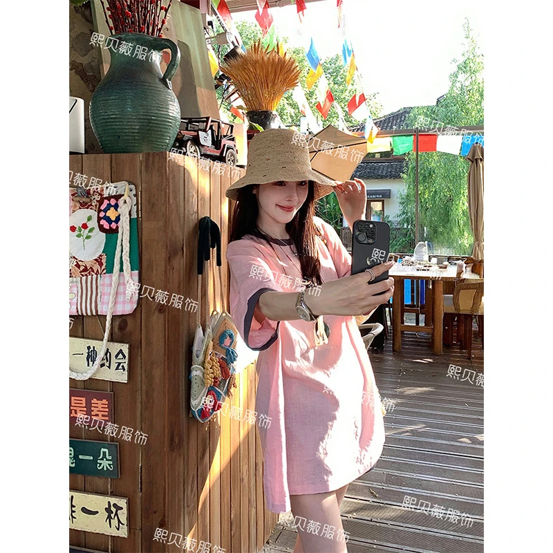 熙贝薇3 欧货天丝亚麻撞色短袖上衣简约百搭松弛感T恤 G7756