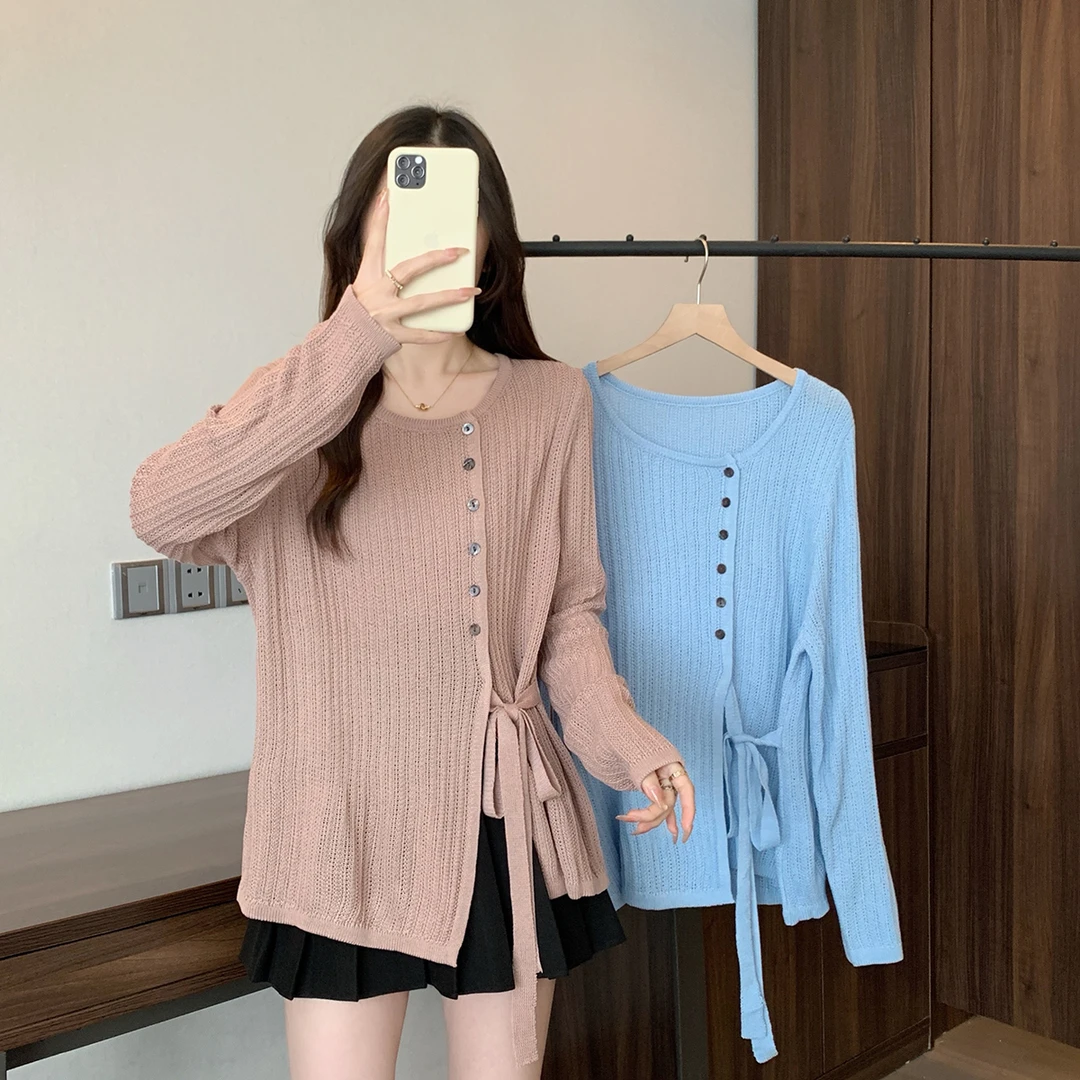 大码美美哒2025春季设计感系带针织衫不规则别致内搭上衣68633