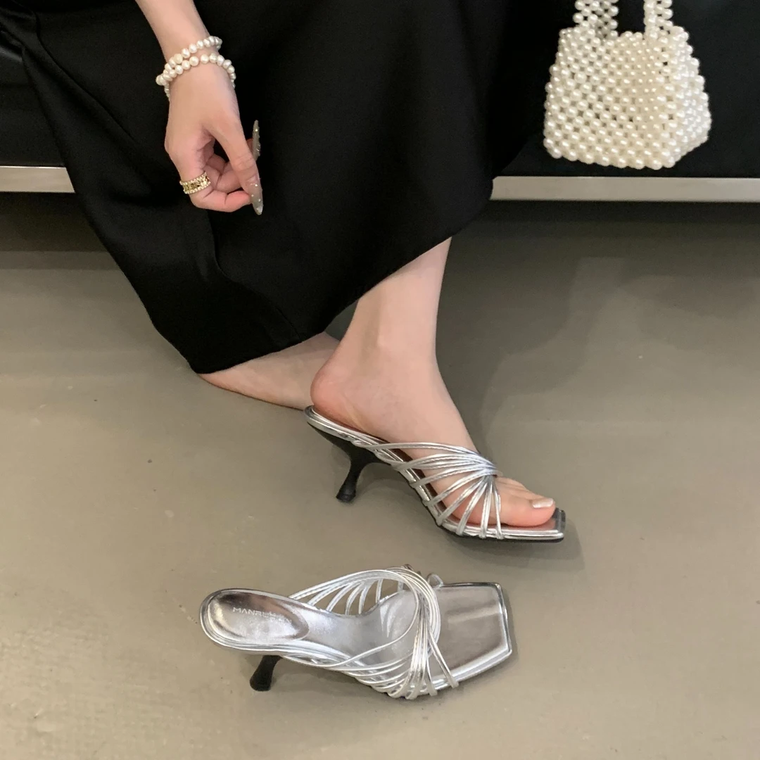 法式方头交叉细带高跟鞋女夏季凉拖鞋气质细跟露趾罗马凉鞋女外穿