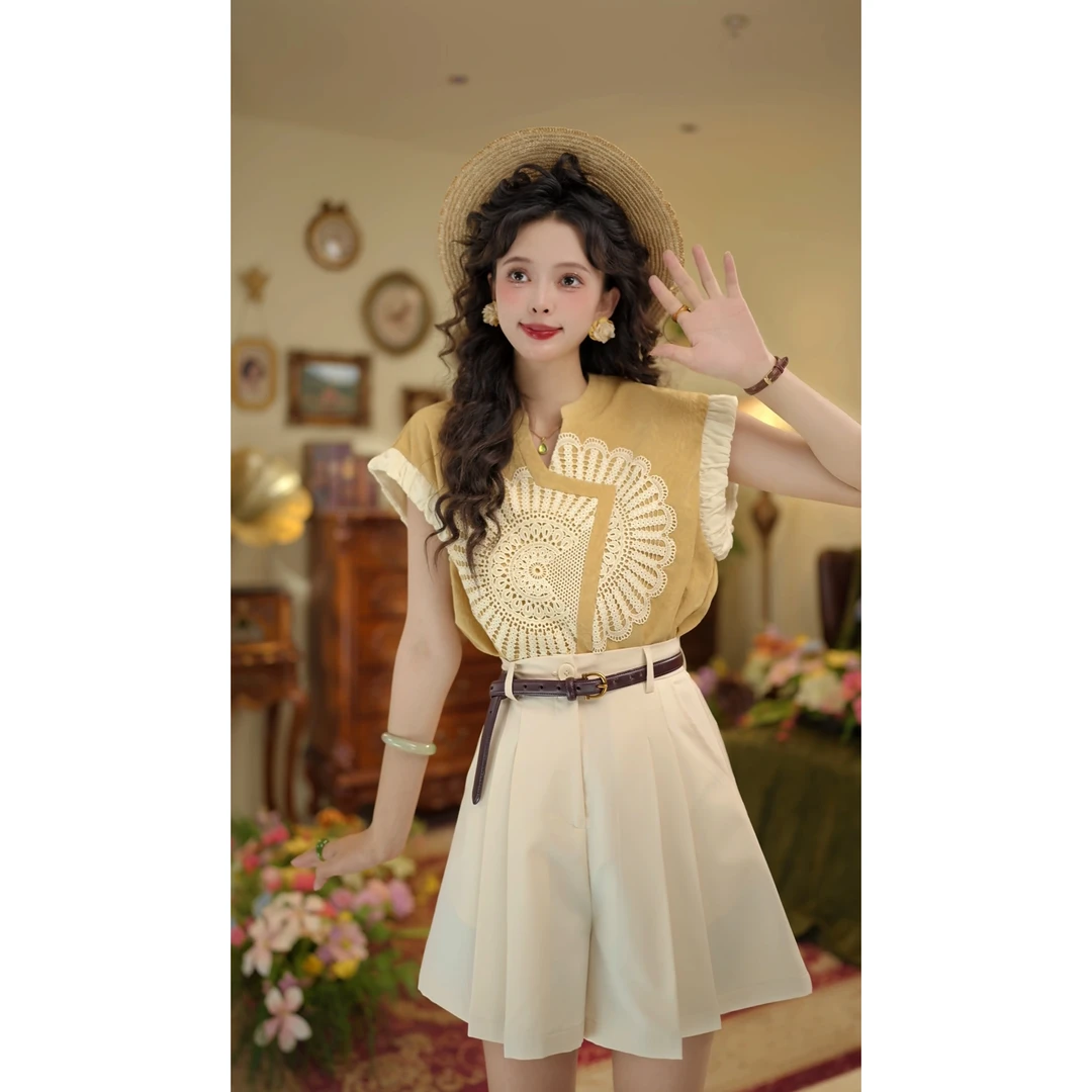 扣子家【半糖主义】港风复古夏季V领衬衫拼色显瘦上衣KK0725455