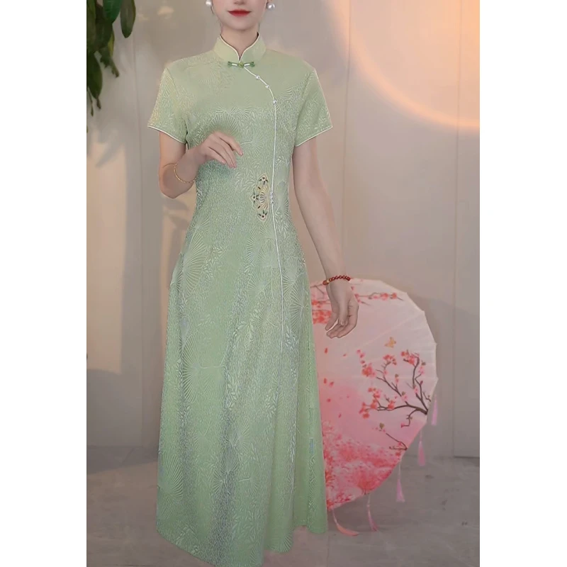 A102562,春夏新款新中式古法刺绣绝美日常改良旗袍裙,M~4XL中国风