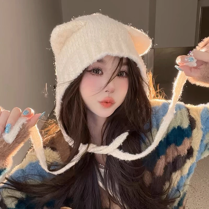 可爱小熊毛绒帽子女冬季韩系大头围保暖护耳帽秋冬针织毛线帽子
