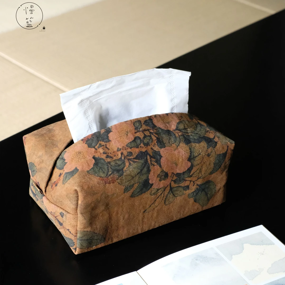 【知艺山房】山茶花绢纺香云纱抽纸袋  17*10*7cm（X9844）