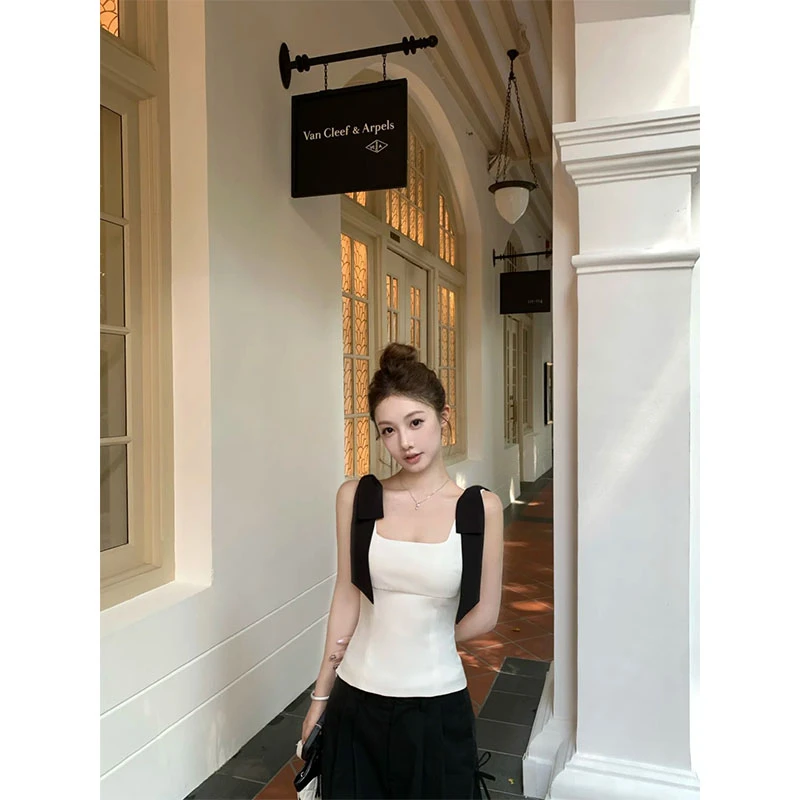 美式辣妹设计感拼接吊带小背心女夏季新款黑色直筒阔腿长裤两件套