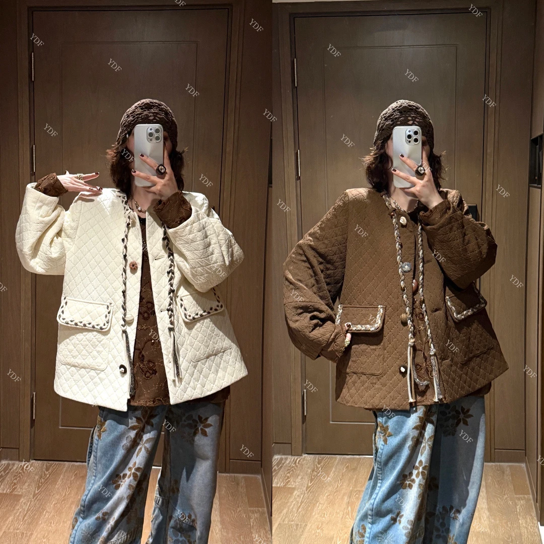 YDFSTUDIO小众【菱格印章】欧货早秋重工菱格拼接设计时尚棉服外套