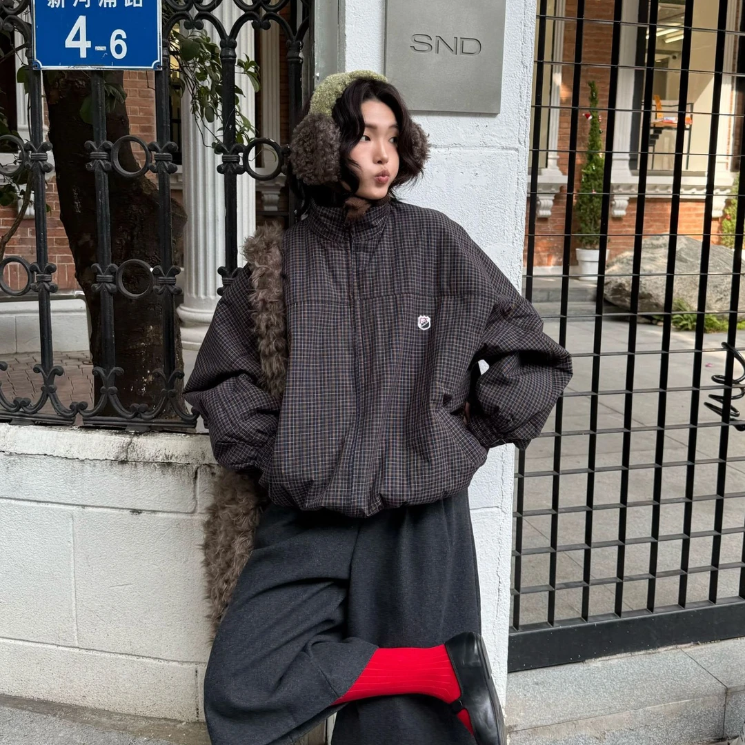 【清】2025冬季韩系复古风格子棉衣外套女夹棉立领格纹棉服99515