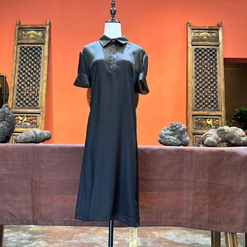 艾可原创 连衣裙 弹力缎拼接绿龟提花 香云纱  长105