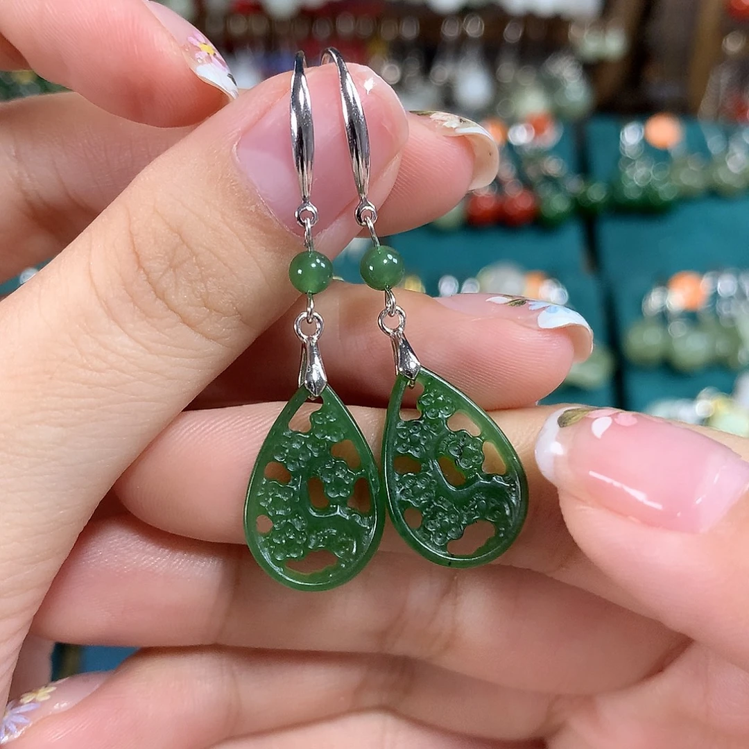 和田玉（碧玉）银S925镶嵌耳饰水滴卡19左右