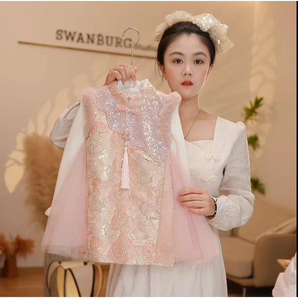 LL【Y.k9579】25新款女童网纱国风马甲裙女宝气质保暖背心裙