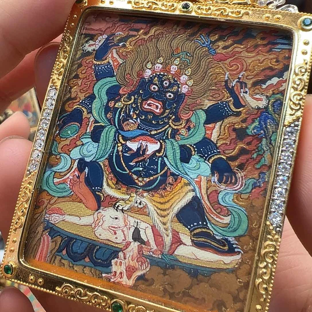 吊坠背***基纯手绘纯天然矿物料小唐卡大黑头单卡