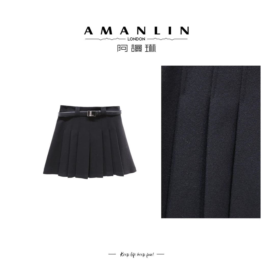 【AMANLIN】时尚洋气百搭高级感显瘦修身高腰a字百褶半裙F595036