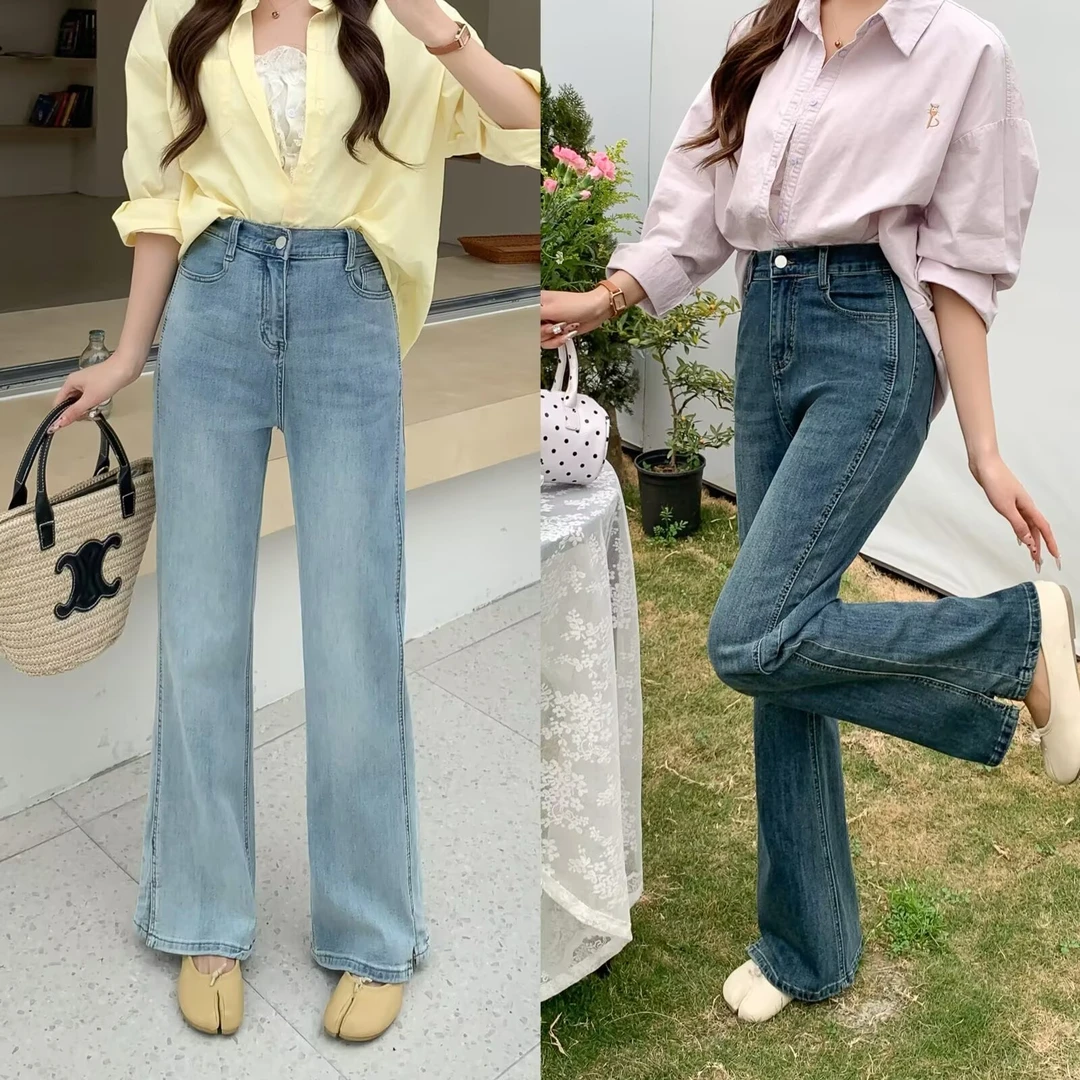 大码胖mm春季新款弹力显瘦高腰微喇开叉牛仔裤女百搭遮胯休闲长裤