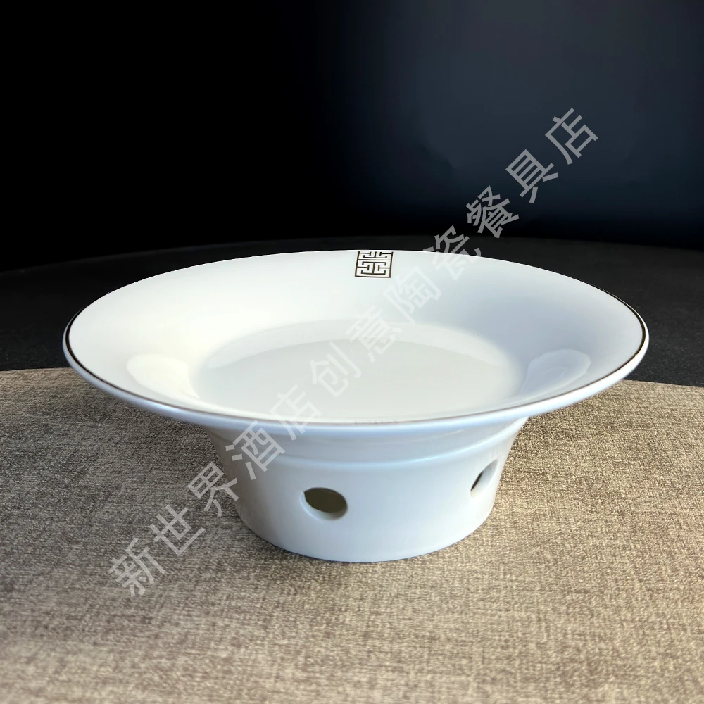 创意金线耐磨金高脚盘陶瓷加热保温明炉酒店商用家用高档餐具盘子