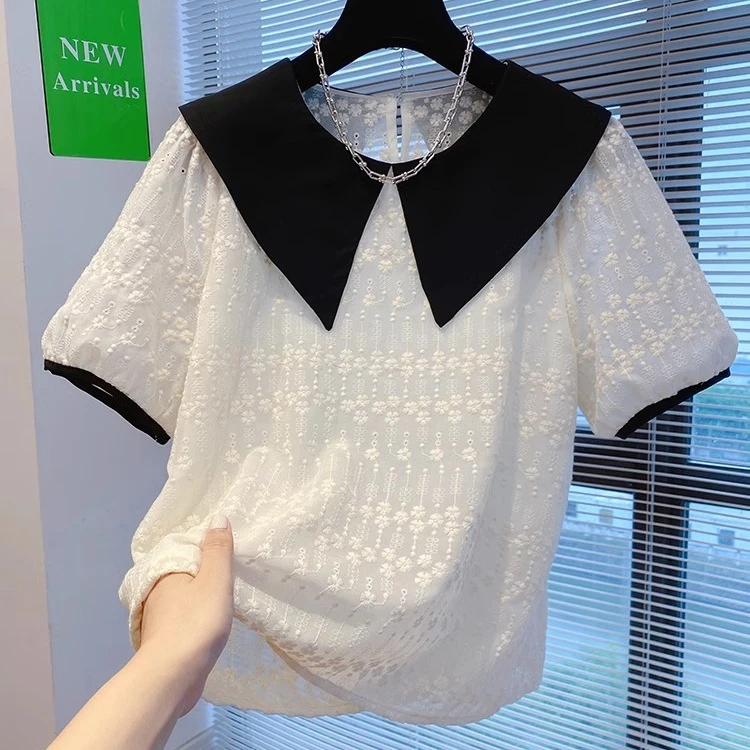 特大码300斤时髦刺绣娃娃领短袖雪纺衬衫女胖mm上衣夏季2025新款