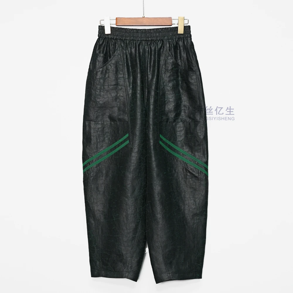 环游记！香云纱绿色龟裂纹时尚休闲百搭长裤休闲哈伦裤X3132