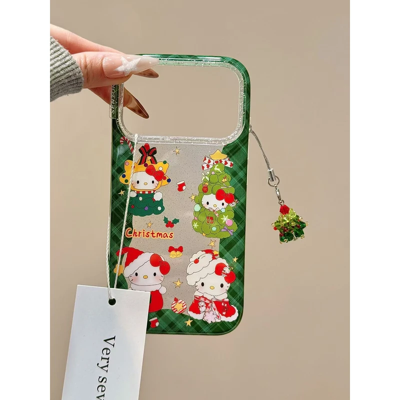 细闪绿色菱格围边圣诞猫咪挂件适用苹果17promax手机壳15iphone16