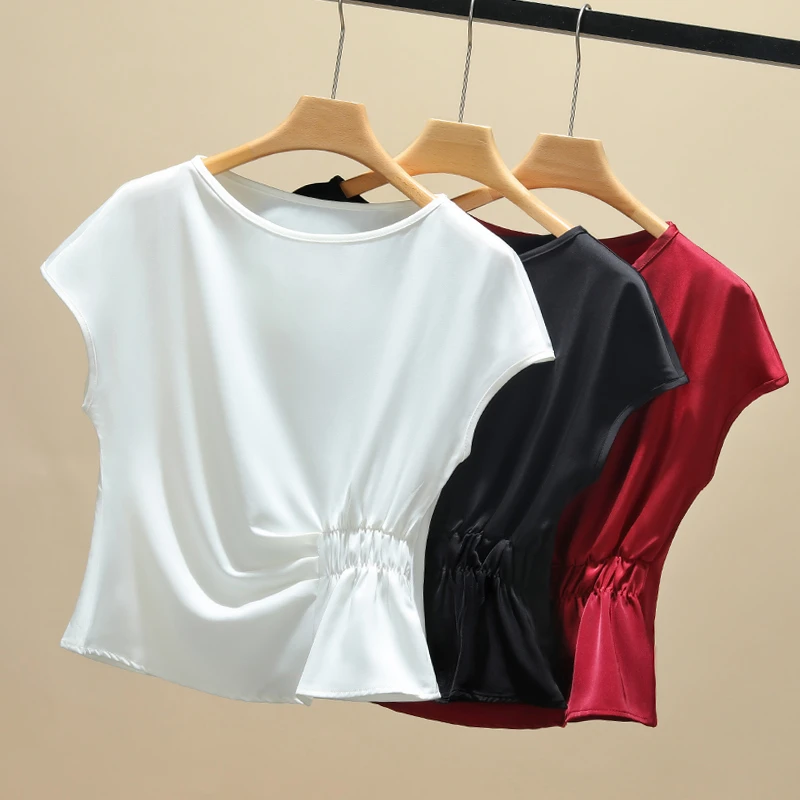 拉夏贝尔高端醋酸缎面上衣女夏2025新款轻奢高级感一字领短袖T恤