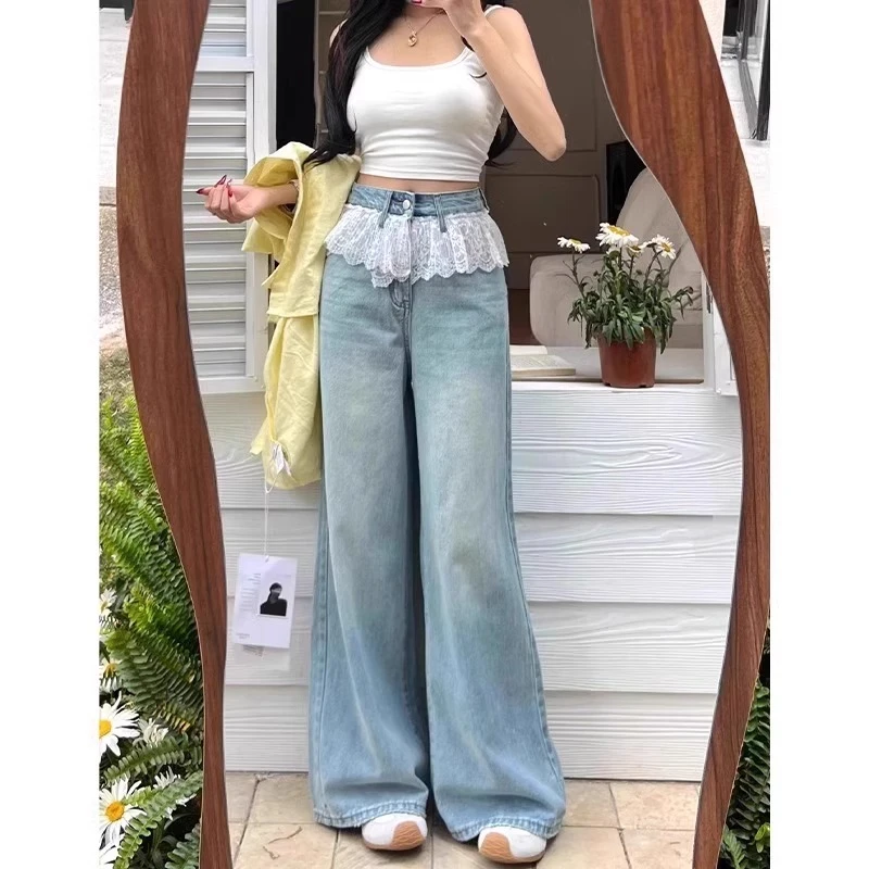 蕾丝拼接阔腿牛仔裤女秋季2025新款梨形身材大码高腰浅色直筒裤子