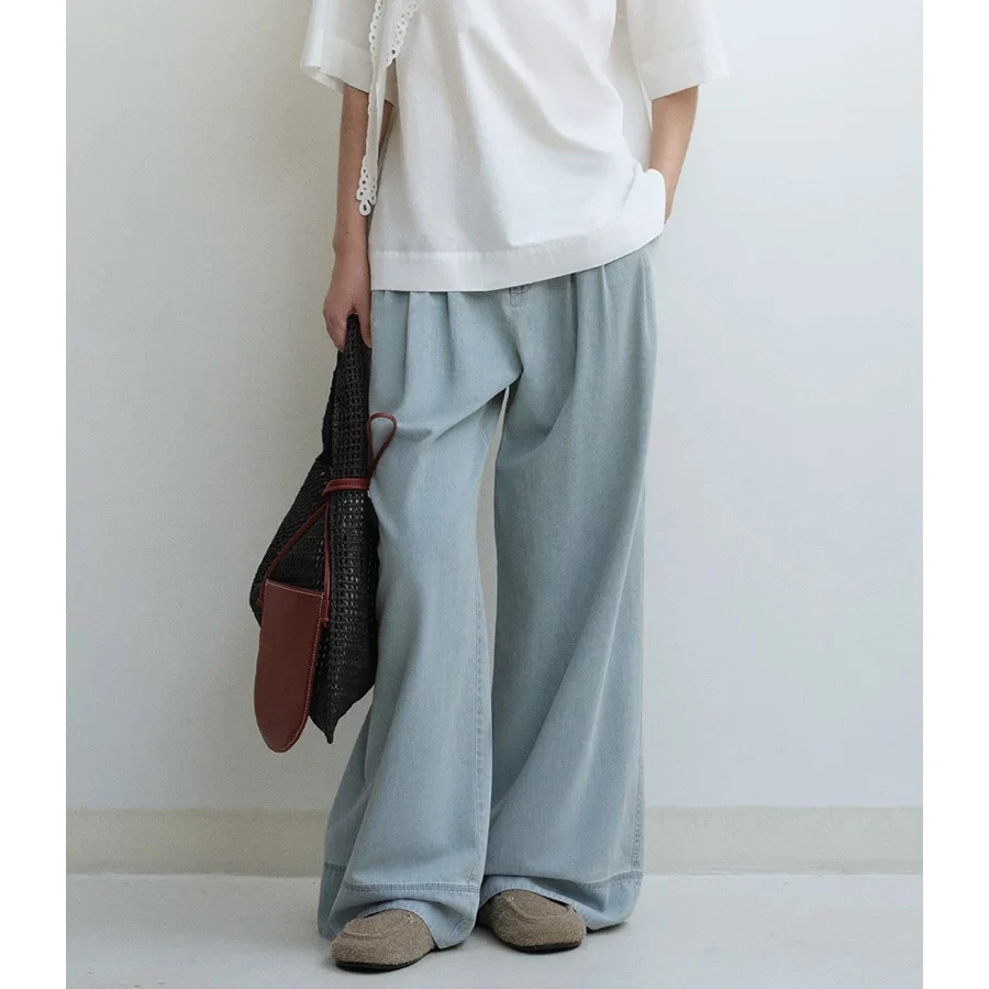 YOEYYOU宽松量感牛仔裤女2025夏新款高腰褶皱设计显瘦阔腿直筒裤