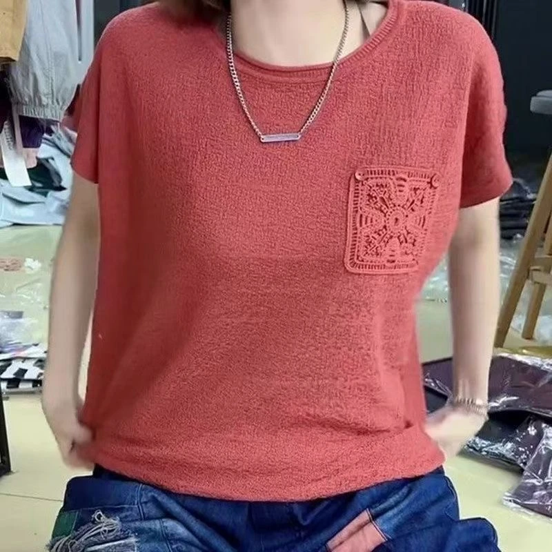 2025夏季新款女士装盘花纽扣口袋短袖纯色宽松圆领洋气上衣服