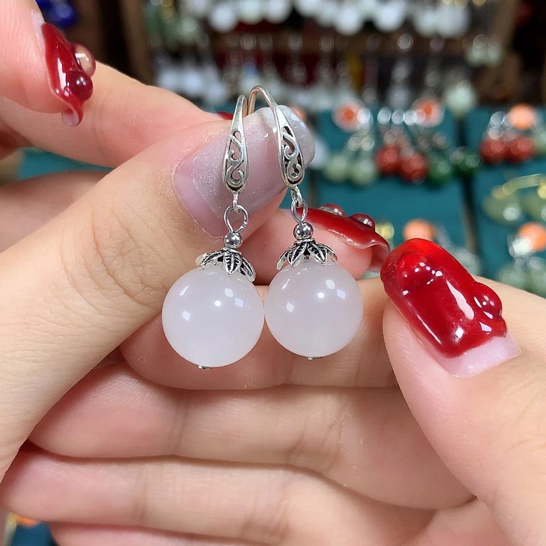 石英质玉（金丝玉）银S925镶嵌耳饰新疆卡12mm左右