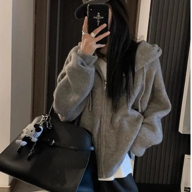 韩系双拉链连帽针织开衫女秋冬温柔慵懒风软糯毛衣外套宽松上衣秋