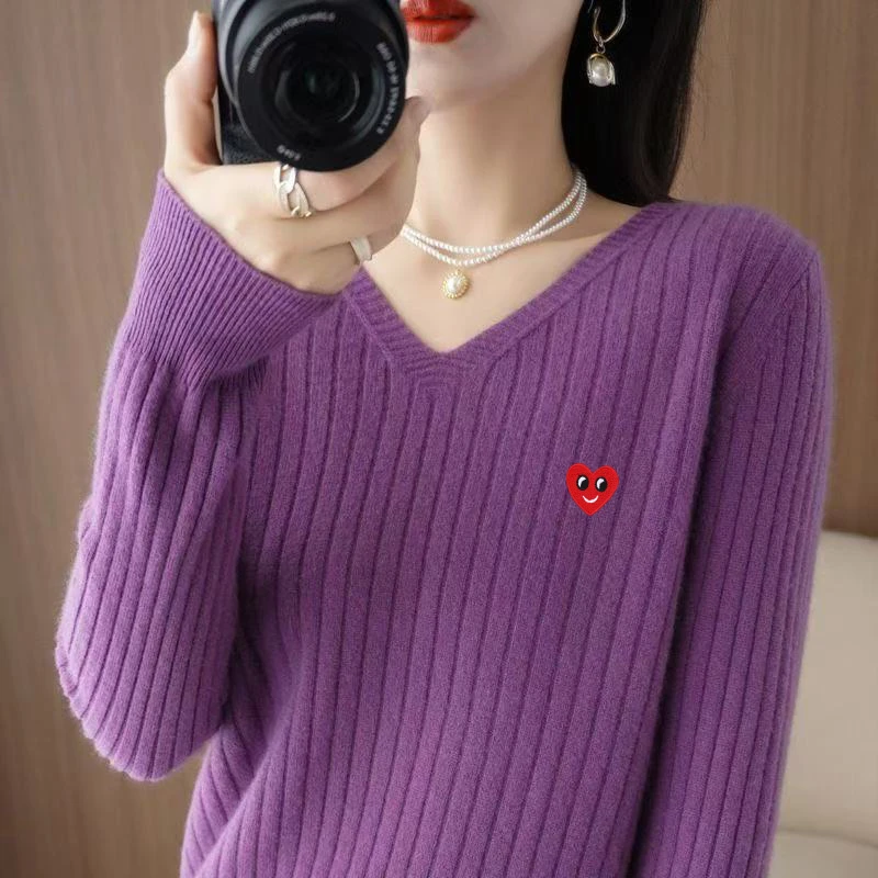 新款V领抽条打底衫女士修身显瘦内搭毛衣针织衫上衣