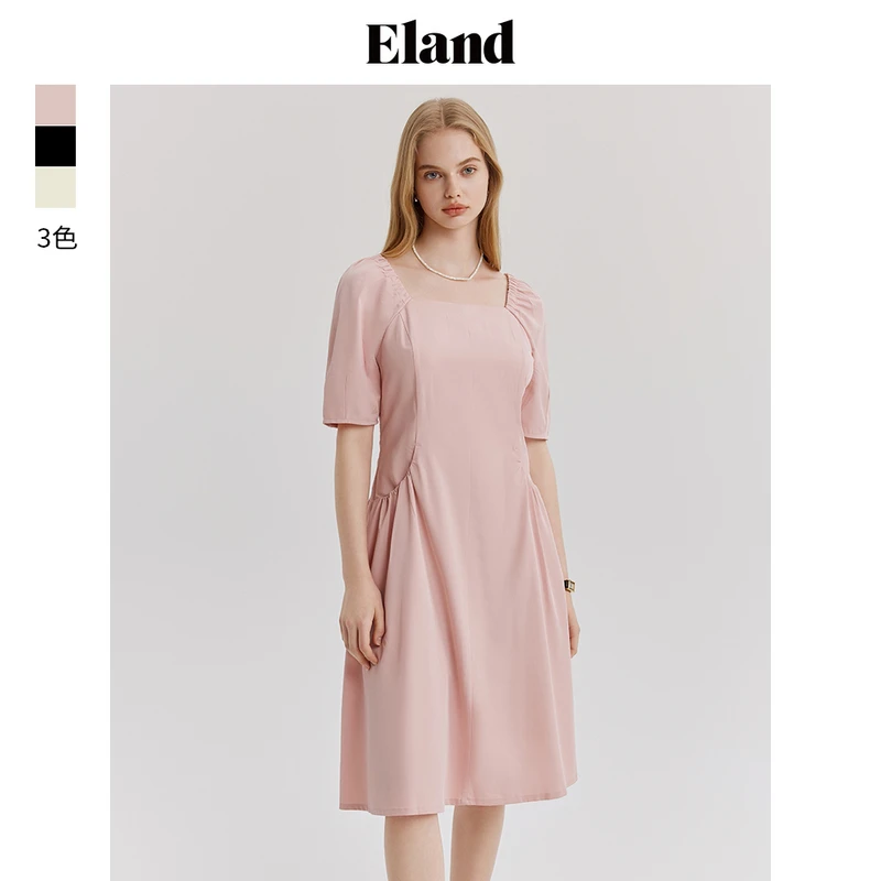 Eland衣恋方领泡泡袖连衣裙女甜美抽褶设计显瘦裙子EEOWE24Q94
