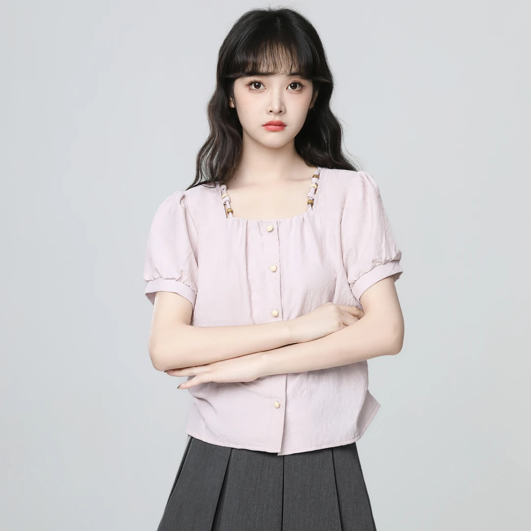 紫色短袖衬衫女夏2025夏季新款设计感方领娃娃衫衬衣短款休闲上衣