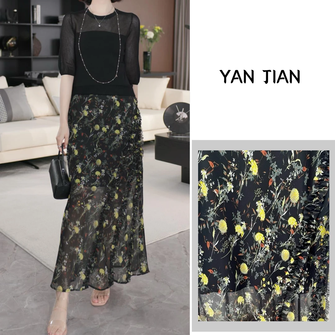 YAN JIAN【步步生花】复古提花抗皱乔其纱防走光手工褶半裙