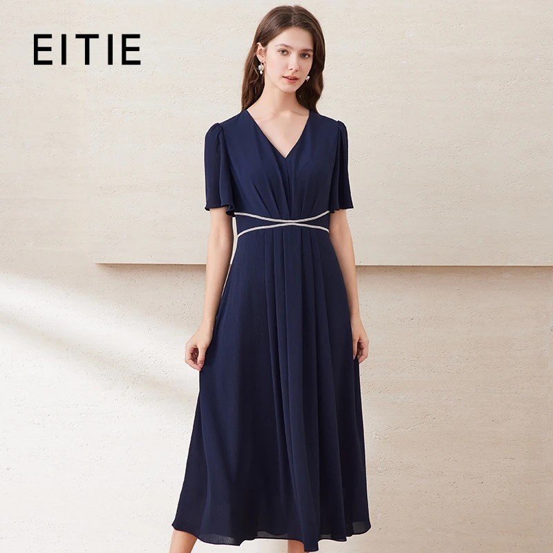 爱特爱EITIE钻饰收腰V领显瘦飞飞袖连衣裙2025夏季新款B2507642