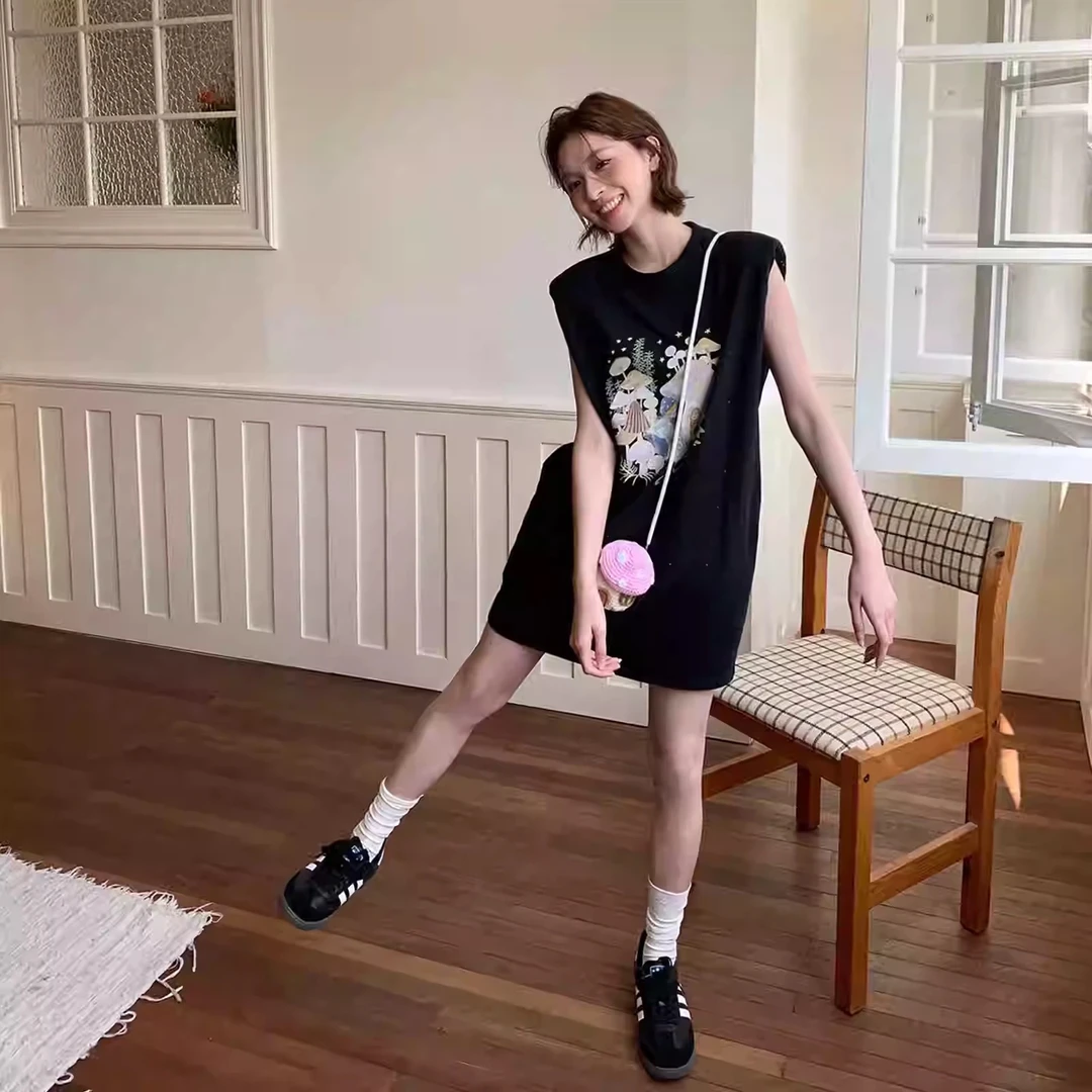 【lunan】夏季新款星空下的巨蘑菇林垫肩T恤裙