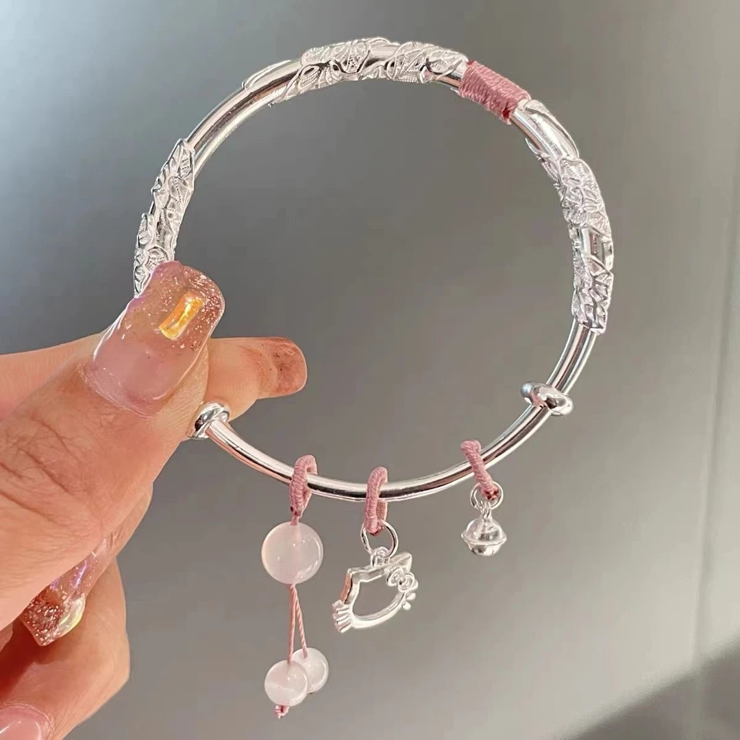 足银手镯 繁花似锦足银999.9手镯HelloKitty手镯实心可爱情人礼物